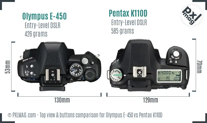 Olympus E-450 vs Pentax K110D top view buttons comparison