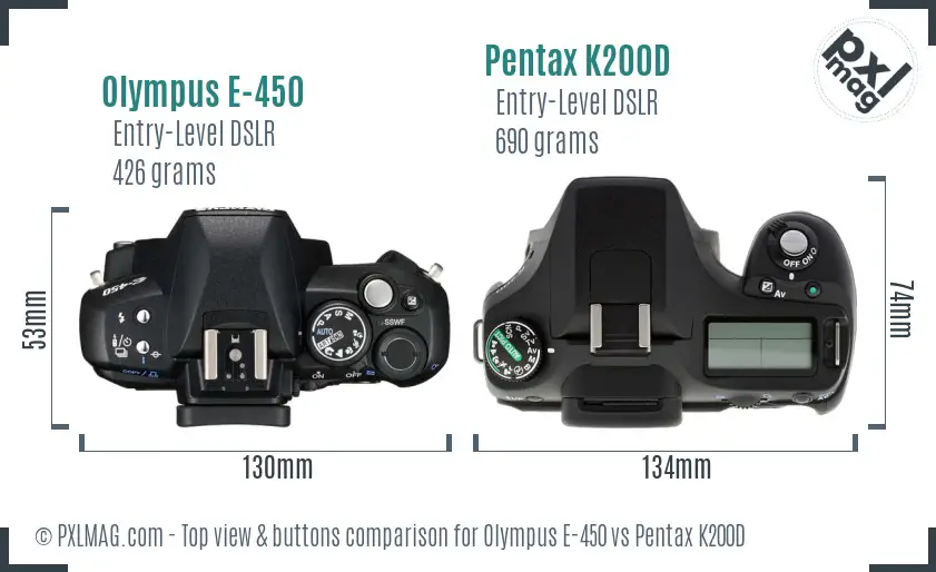 Olympus E-450 vs Pentax K200D top view buttons comparison