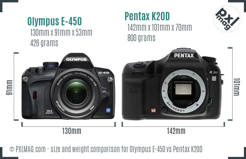 Olympus E-450 vs Pentax K20D size comparison
