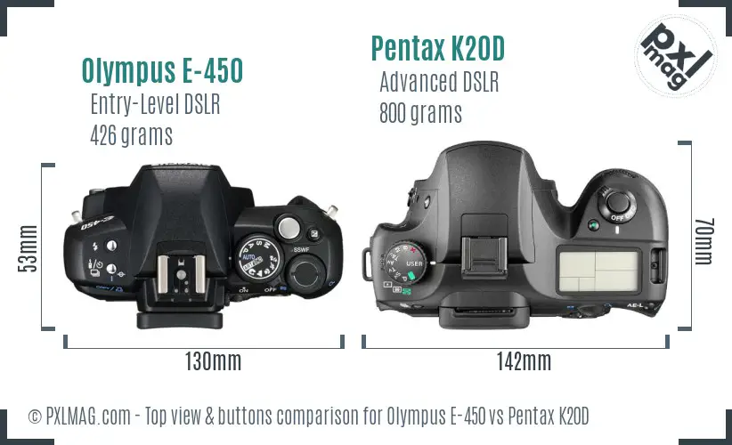 Olympus E-450 vs Pentax K20D top view buttons comparison