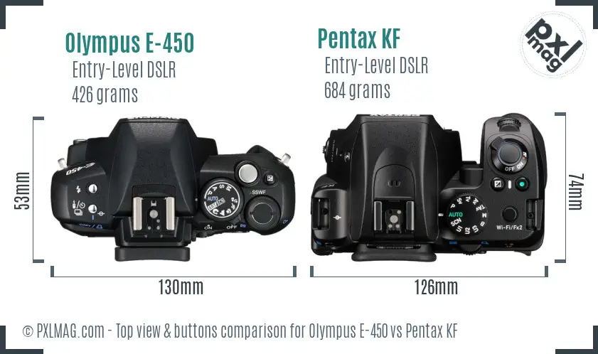Olympus E-450 vs Pentax KF top view buttons comparison