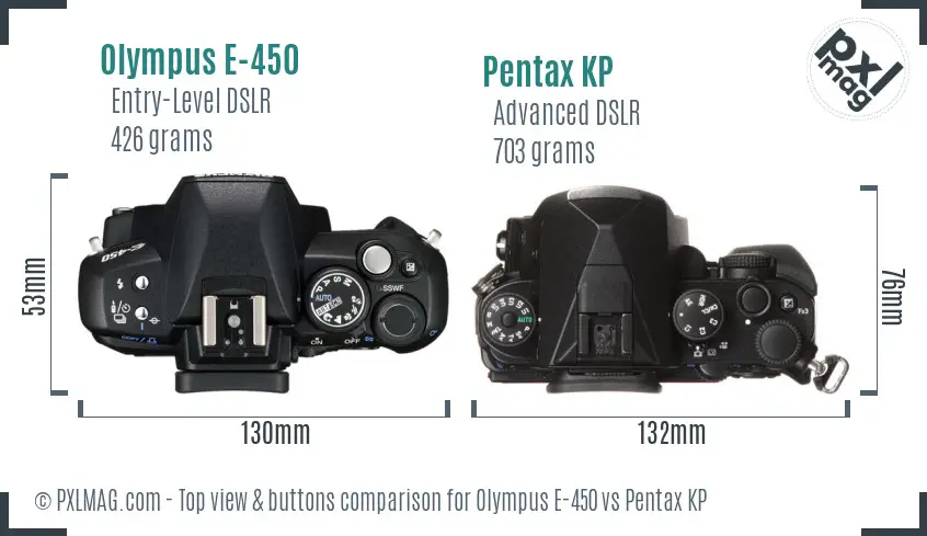 Olympus E-450 vs Pentax KP top view buttons comparison