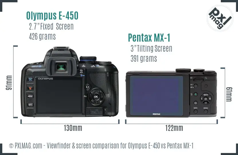 Olympus E-450 vs Pentax MX-1 Screen and Viewfinder comparison