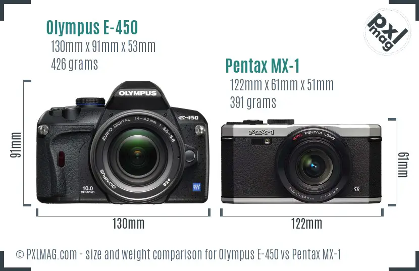 Olympus E-450 vs Pentax MX-1 size comparison