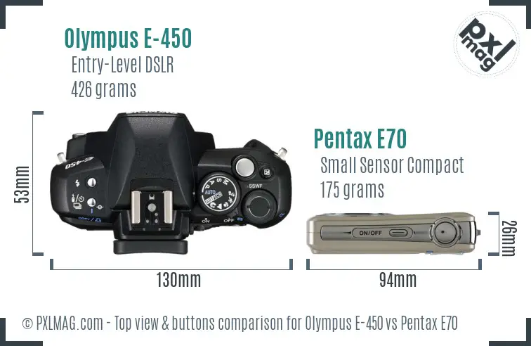 Olympus E-450 vs Pentax E70 top view buttons comparison