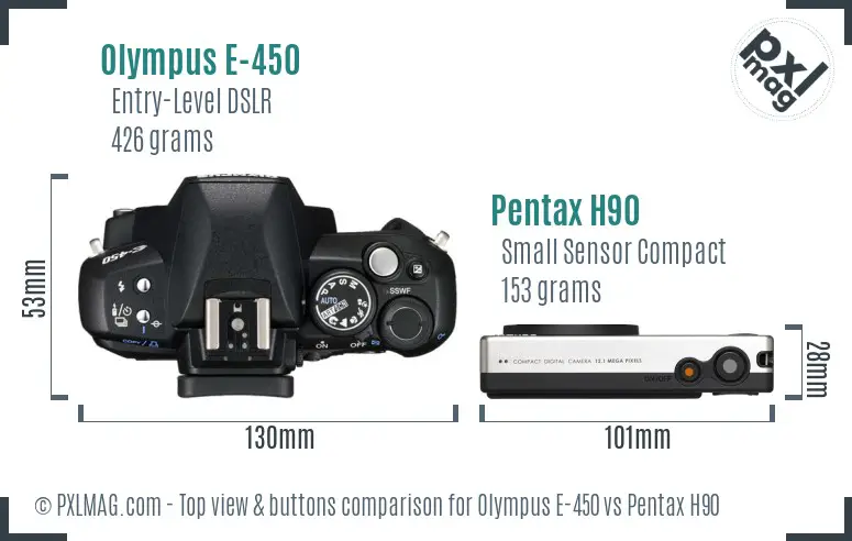 Olympus E-450 vs Pentax H90 top view buttons comparison