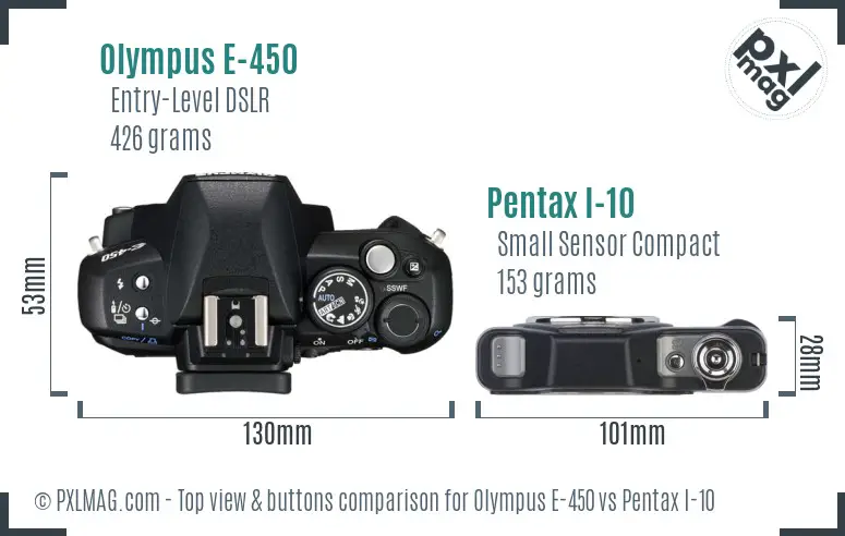 Olympus E-450 vs Pentax I-10 top view buttons comparison