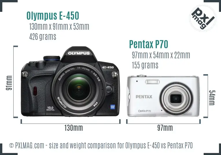 Olympus E-450 vs Pentax P70 size comparison