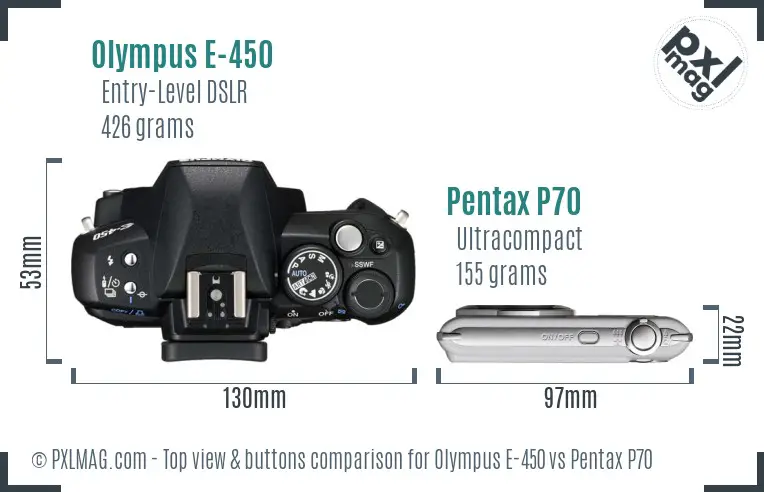 Olympus E-450 vs Pentax P70 top view buttons comparison
