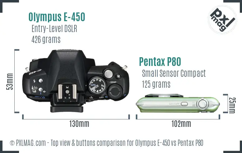 Olympus E-450 vs Pentax P80 top view buttons comparison