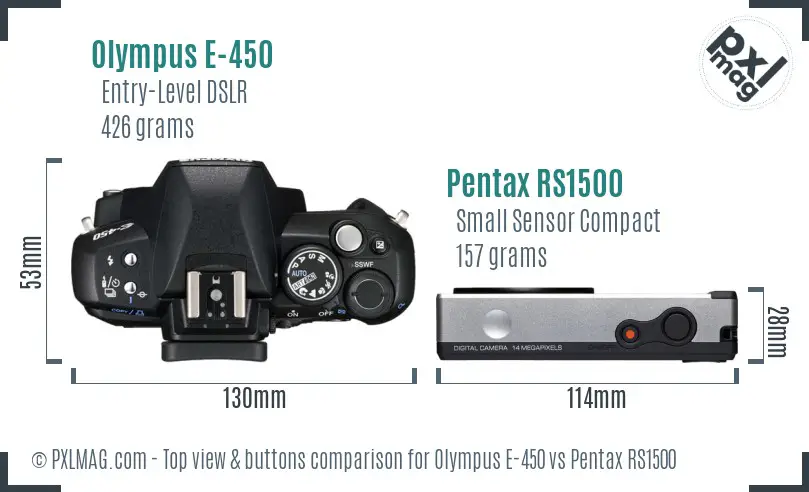 Olympus E-450 vs Pentax RS1500 top view buttons comparison
