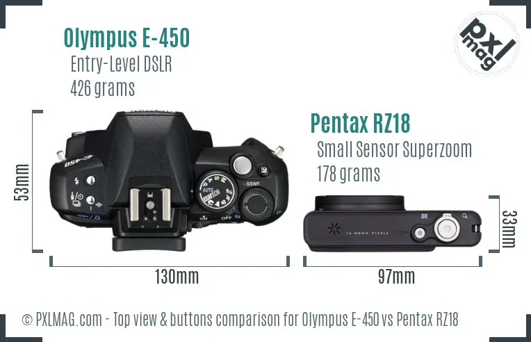 Olympus E-450 vs Pentax RZ18 top view buttons comparison