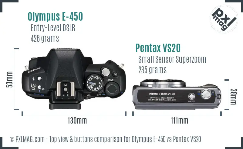 Olympus E-450 vs Pentax VS20 top view buttons comparison