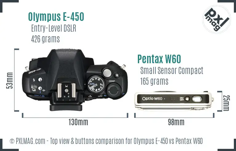Olympus E-450 vs Pentax W60 top view buttons comparison