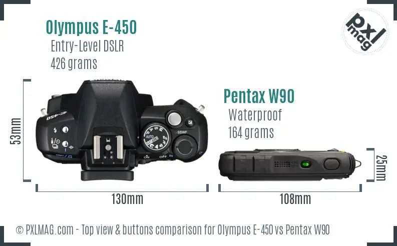 Olympus E-450 vs Pentax W90 top view buttons comparison