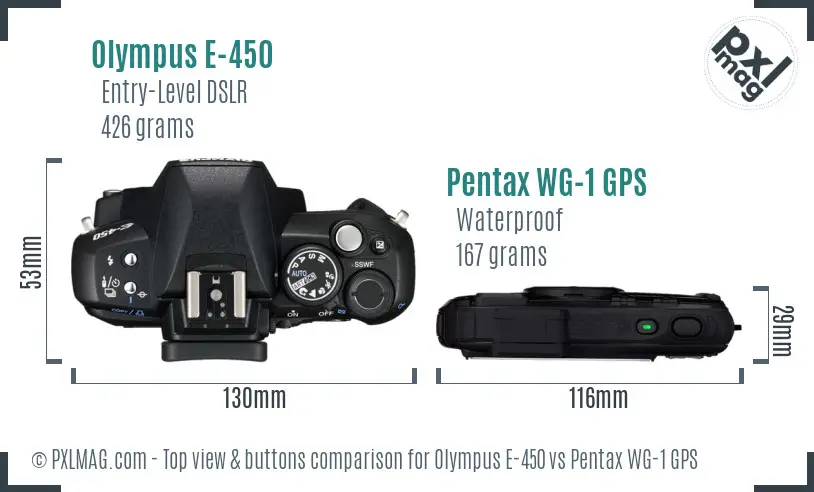 Olympus E-450 vs Pentax WG-1 GPS top view buttons comparison
