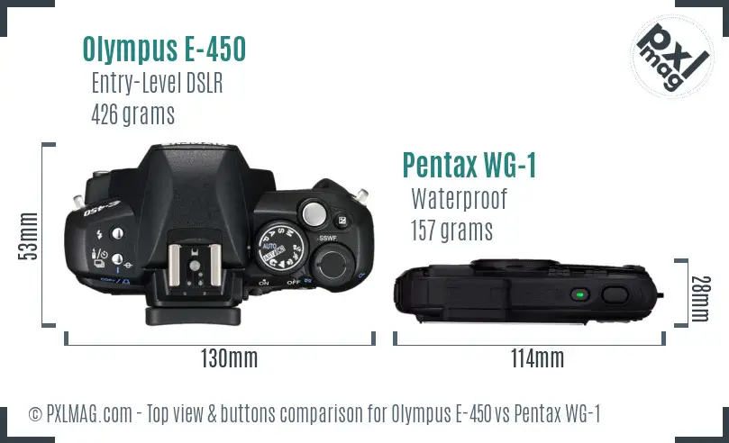 Olympus E-450 vs Pentax WG-1 top view buttons comparison