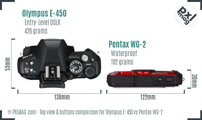 Olympus E-450 vs Pentax WG-2 top view buttons comparison