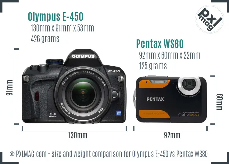 Olympus E-450 vs Pentax WS80 size comparison