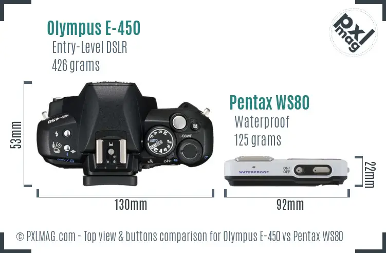 Olympus E-450 vs Pentax WS80 top view buttons comparison