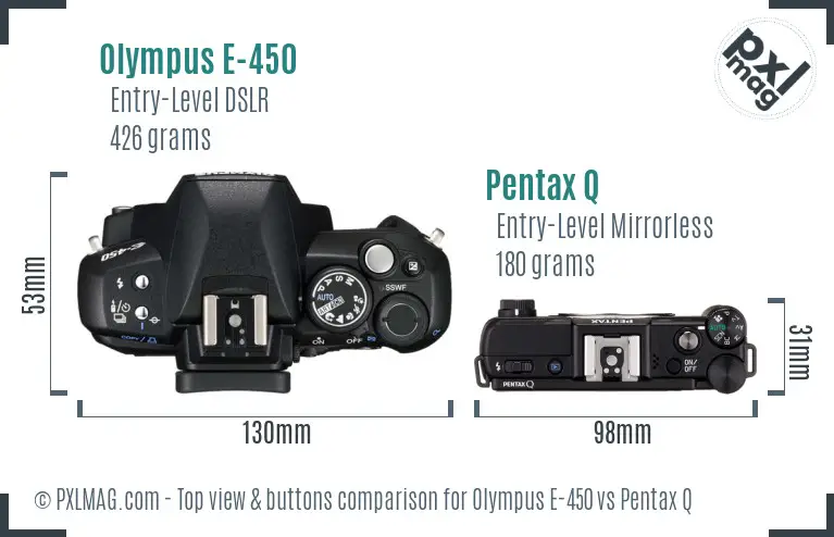 Olympus E-450 vs Pentax Q top view buttons comparison