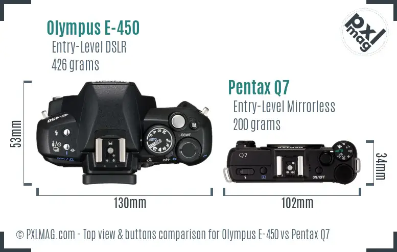 Olympus E-450 vs Pentax Q7 top view buttons comparison