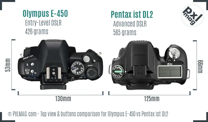 Olympus E-450 vs Pentax ist DL2 top view buttons comparison
