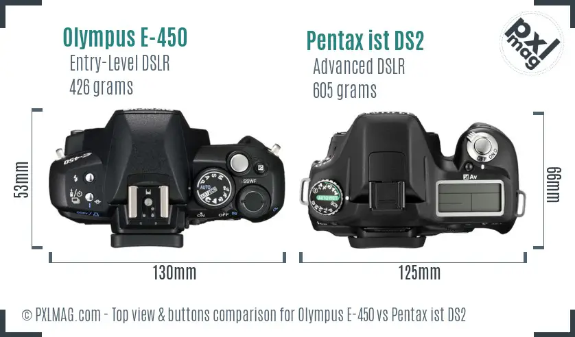 Olympus E-450 vs Pentax ist DS2 top view buttons comparison