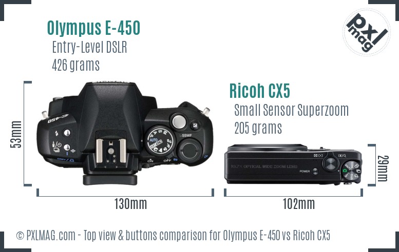 Olympus E-450 vs Ricoh CX5 top view buttons comparison