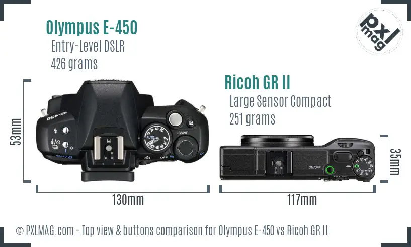 Olympus E-450 vs Ricoh GR II top view buttons comparison Olympus E-450 vs Ricoh GR II top view buttons comparison