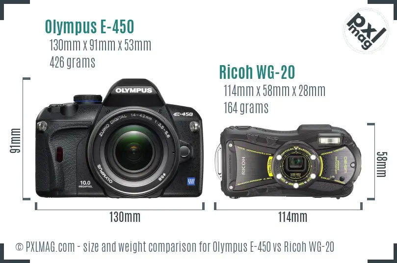 Olympus E-450 vs Ricoh WG-20 size comparison