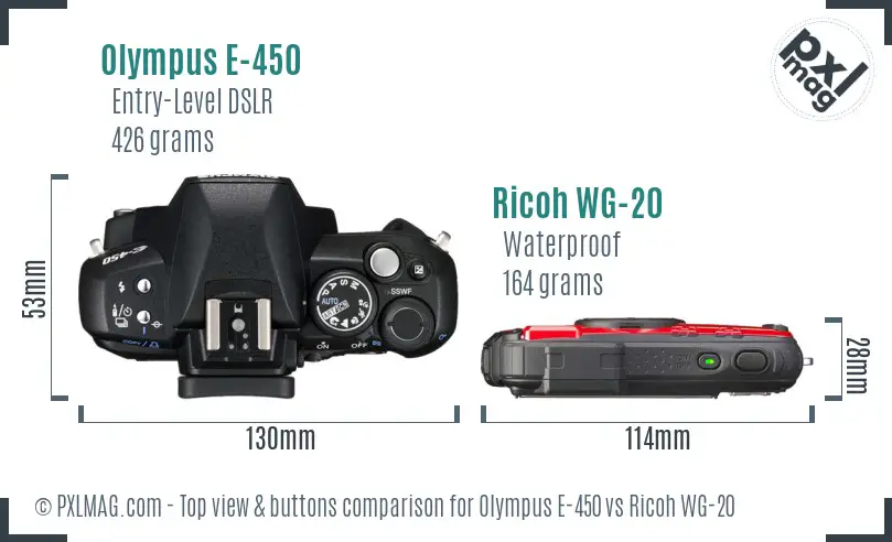 Olympus E-450 vs Ricoh WG-20 top view buttons comparison