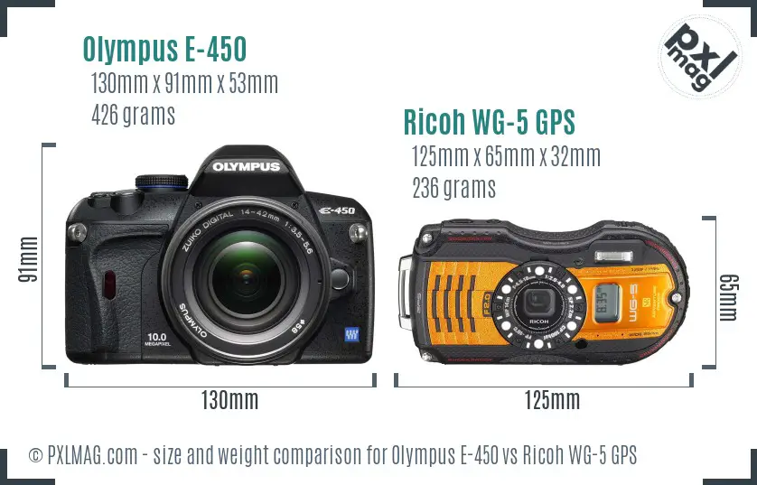 Olympus E-450 vs Ricoh WG-5 GPS size comparison