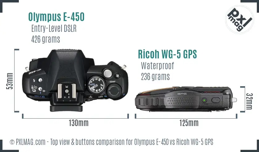 Olympus E-450 vs Ricoh WG-5 GPS top view buttons comparison