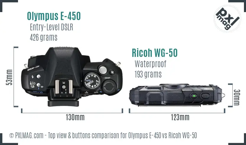 Olympus E-450 vs Ricoh WG-50 top view buttons comparison