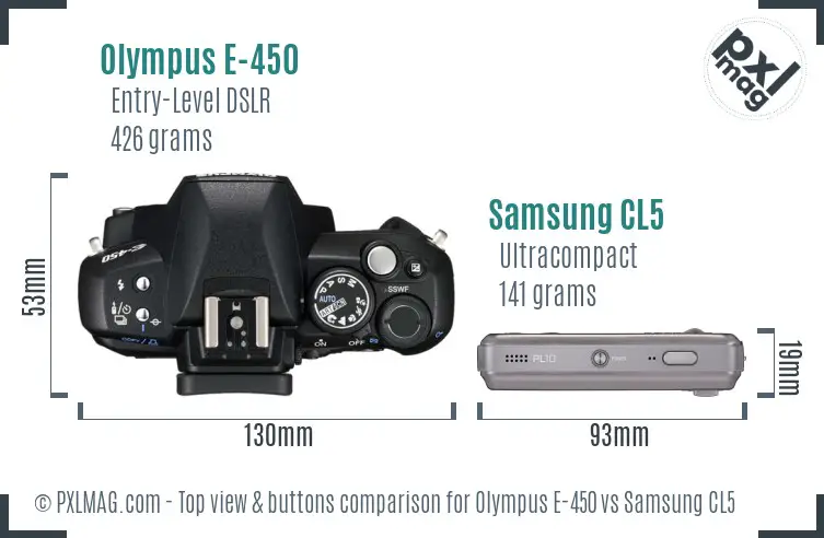 Olympus E-450 vs Samsung CL5 top view buttons comparison