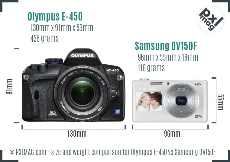 Olympus E-450 vs Samsung DV150F size comparison