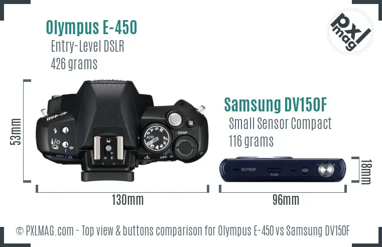 Olympus E-450 vs Samsung DV150F top view buttons comparison