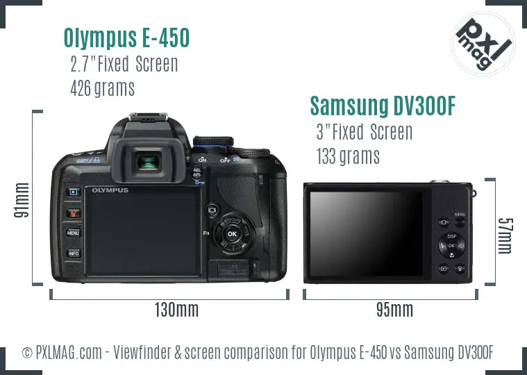 Olympus E-450 vs Samsung DV300F Screen and Viewfinder comparison Olympus E-450 vs Samsung DV300F Screen and Viewfinder comparison