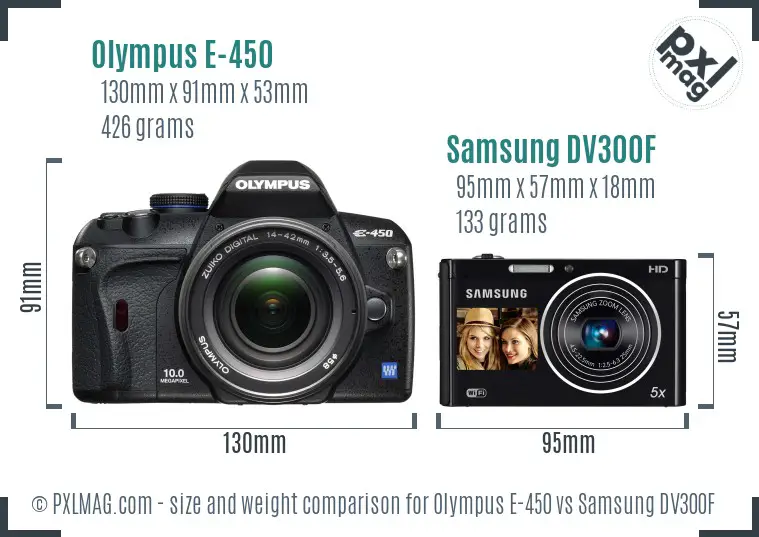 Olympus E-450 vs Samsung DV300F size comparison Olympus E-450 vs Samsung DV300F size comparison
