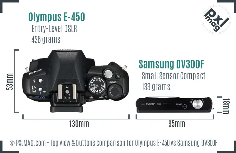 Olympus E-450 vs Samsung DV300F top view buttons comparison Olympus E-450 vs Samsung DV300F top view buttons comparison