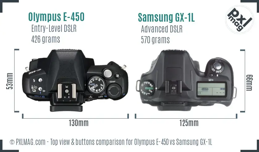 Olympus E-450 vs Samsung GX-1L top view buttons comparison