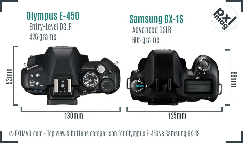 Olympus E-450 vs Samsung GX-1S top view buttons comparison