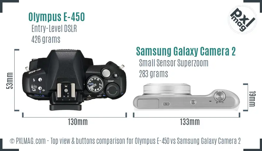 Olympus E-450 vs Samsung Galaxy Camera 2 top view buttons comparison
