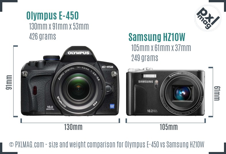 Olympus E-450 vs Samsung HZ10W size comparison