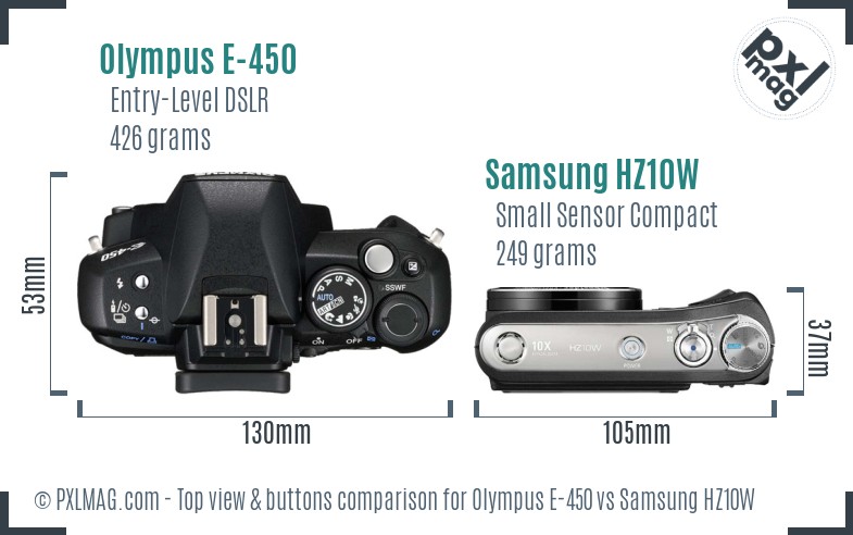 Olympus E-450 vs Samsung HZ10W top view buttons comparison