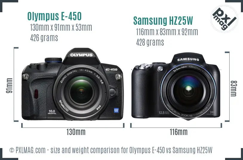 Olympus E-450 vs Samsung HZ25W size comparison Olympus E-450 vs Samsung HZ25W size comparison