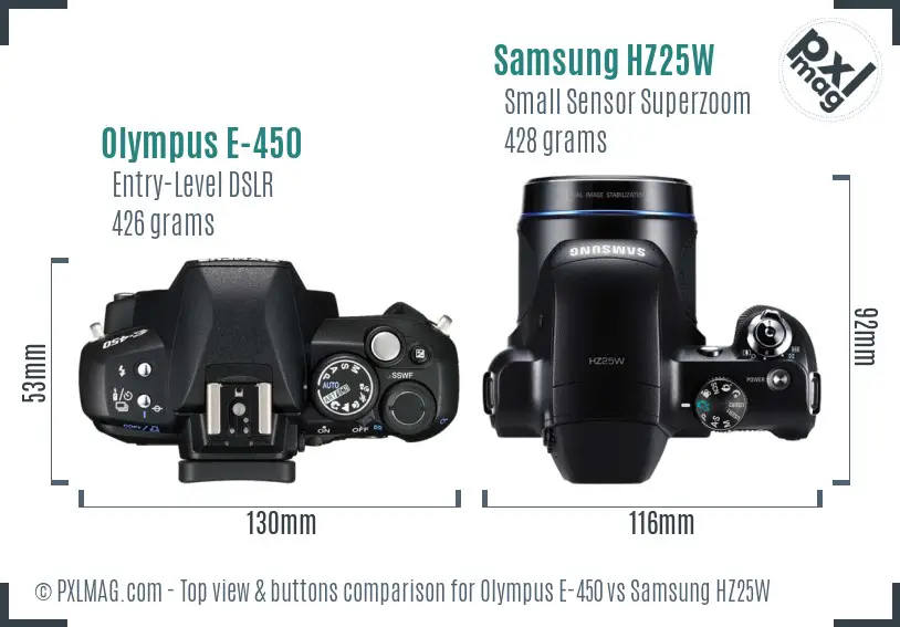 Olympus E-450 vs Samsung HZ25W top view buttons comparison Olympus E-450 vs Samsung HZ25W top view buttons comparison