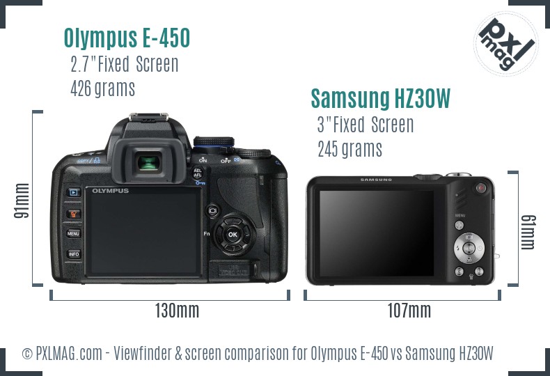 Olympus E-450 vs Samsung HZ30W Screen and Viewfinder comparison