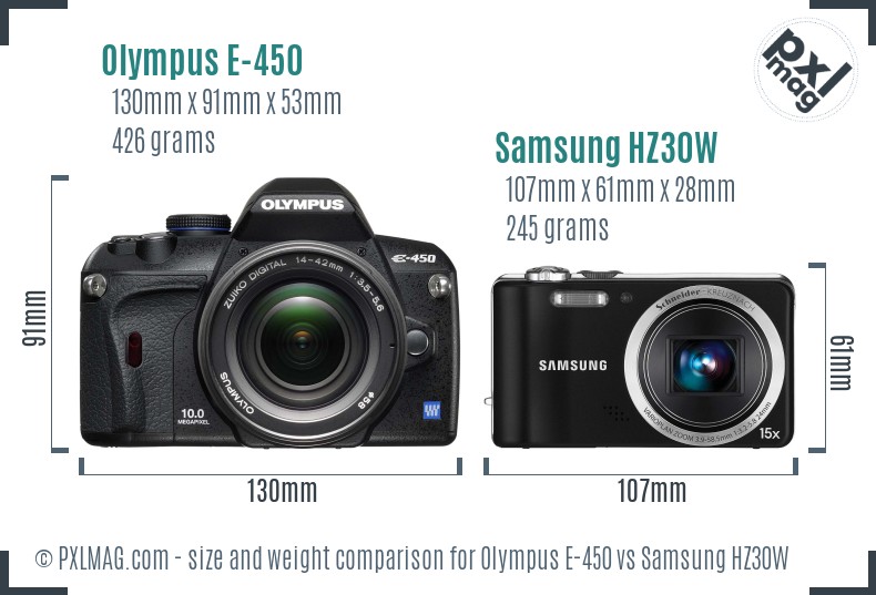 Olympus E-450 vs Samsung HZ30W size comparison Olympus E-450 vs Samsung HZ30W size comparison